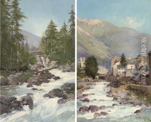 A River Running Through A Mountain Town; And A Mountain Torrent Oil Painting - Eugene Galien-Laloue