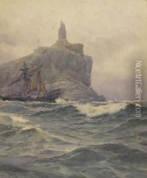 A Sailing Ship In Distress Off A Lighthouse Oil Painting - John Fraser