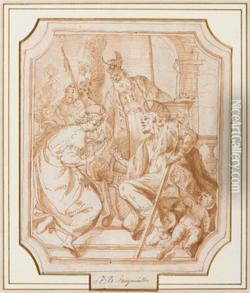 St. Catherine, St. Januarius And St. Peter. Oil Painting - Johann Baptiste Bergmuller