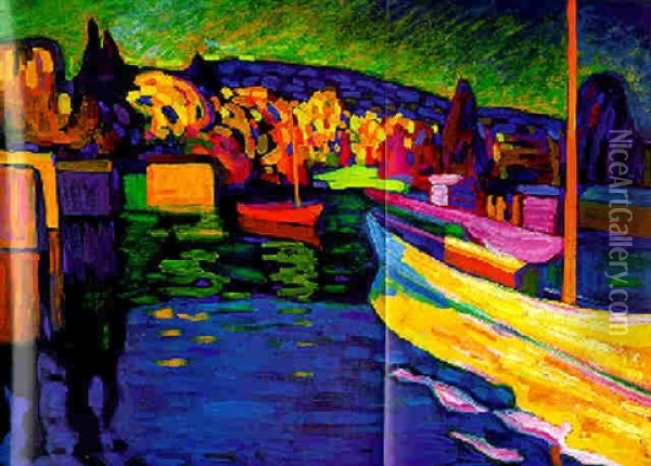 Herbstlandschaft Mit Booten Oil Painting - Wassily Kandinsky