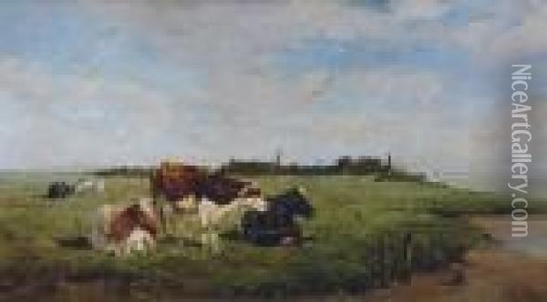 Polder Landscape With Cattle Near The Bank Oil Painting - Alfred Jacques Verwee