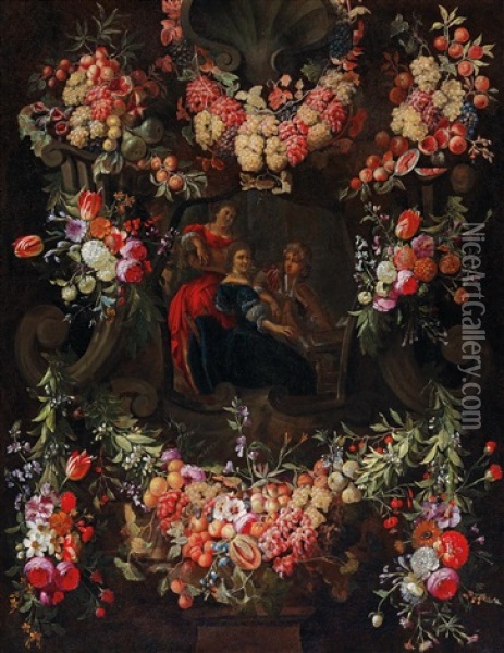 A Garland Of Flowers And Fruit Around A Cartouche Featuring Three Music-making Figures Oil Painting - Gaspar Pieter Verbrueggen the Elder