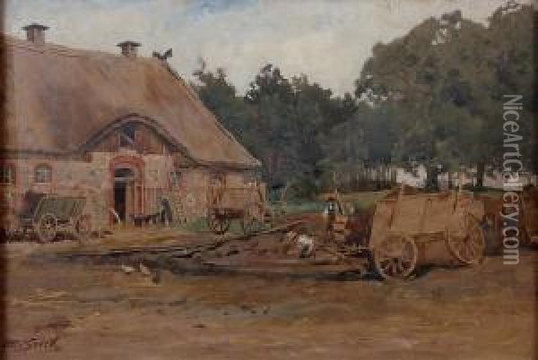 A Farmhouse Scene With Figures Working In The Field Oil Painting - Otto Seeck