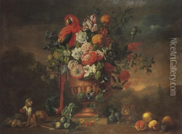 A Parrot Amongst Flowers In A Classical Vase With A Monkey In The Foreground Amidst Various Fruit In A Parkland Landscape Oil Painting - Jakob Bogdani
