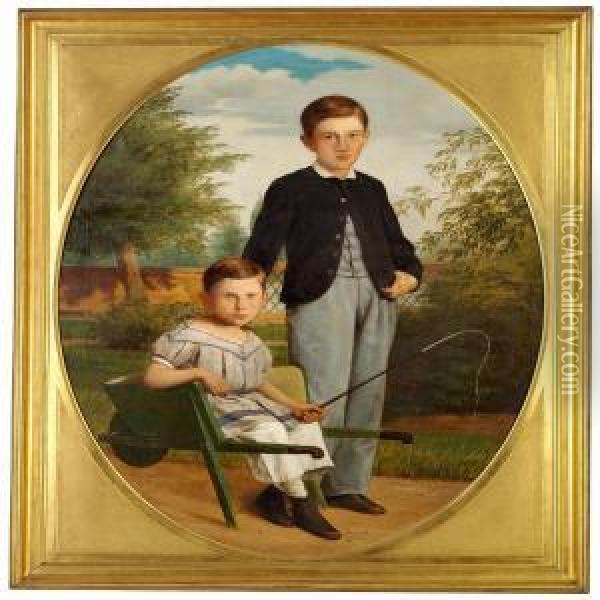 Two Boys In A Garden Oil Painting - Andreas Herman Hunaeus