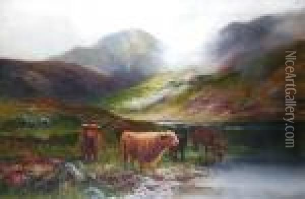 Highland Cattle By A Loch Oil Painting - Daniel Sherrin