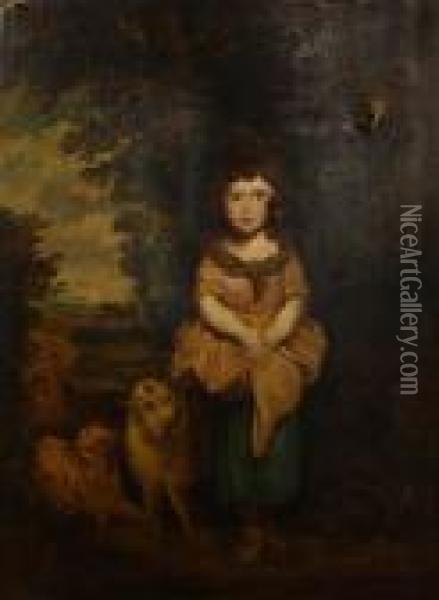 A Little Girl With Lambs In A Woodedlandscape Oil Painting - Sir Joshua Reynolds