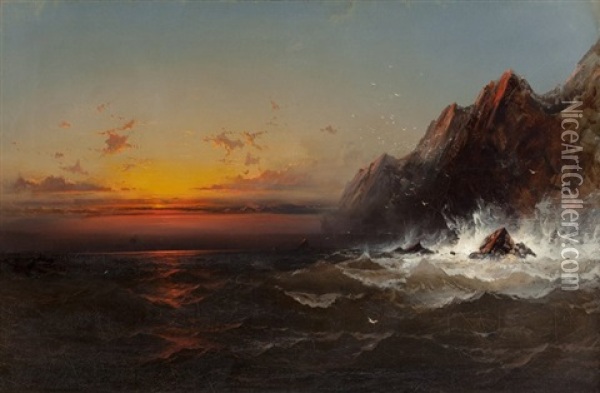 On The Coast Of Wales, Sunset, 1865 Oil Painting - James Hamilton