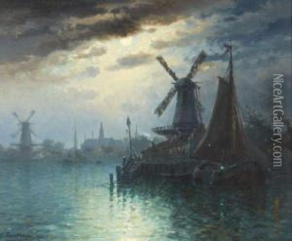 Canal Hollandais Avec Effet De Lune Oil Painting - Louis Timmermans