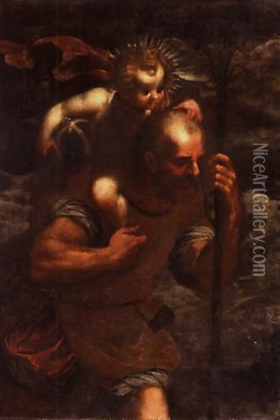 Saint Christophe Portant L'enfant Jesus Oil Painting - Domenico Piola