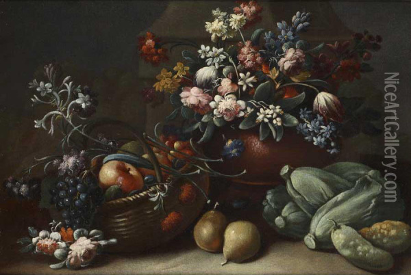 Nature Morte Con Fiori, Ortaggi E Frutta Oil Painting - Felice Fortunato