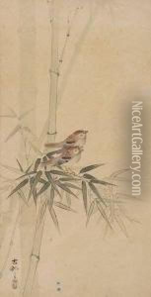 Two Birds And Bamboo Oil Painting - Ohara Koson