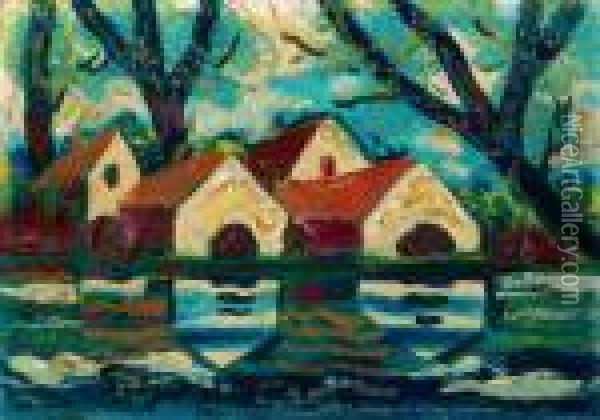 Houses Mirrored In The River Oil Painting - Hugo Scheiber