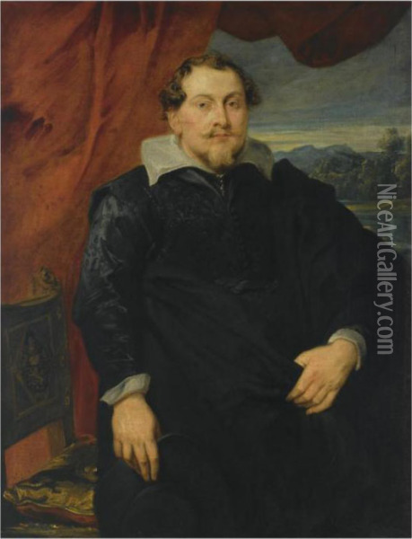 A Portrait Of A Gentleman, Said 
To Be N. Gansacher, Standing Three-quarter Length, Next To A Chair, 
Wearing A Black Coat With A White Collar, A Landscape Beyond Oil Painting - Sir Anthony Van Dyck