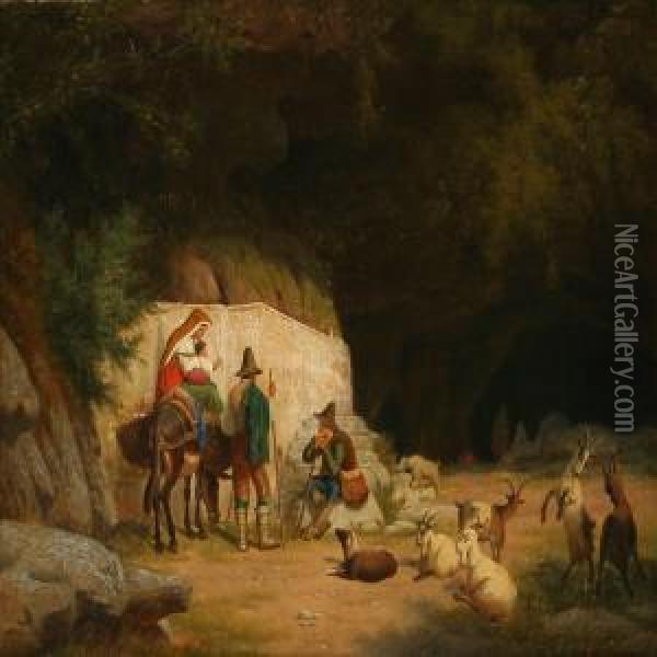 Scene From Italy With Goat Herders In Conversation In Fronta Cave Oil Painting - Peter Johann Raadsig
