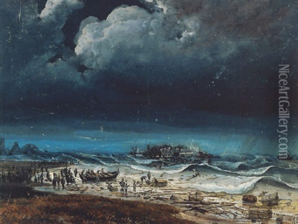 Wreck Of The Waterloo Oil Painting - Knud Geelmuyden Bull