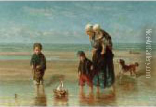 Mother And Children By The Shore Oil Painting - Jozef Israels