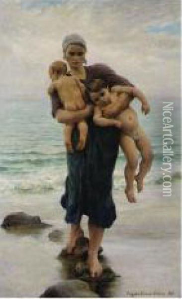 Femme De Pecheur Venant De Baigner Ses Enfants Oil Painting - Virginie Demont-Breton