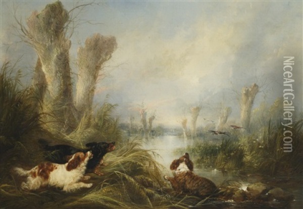 Three Spaniels In A Marsh Oil Painting - George Armfield