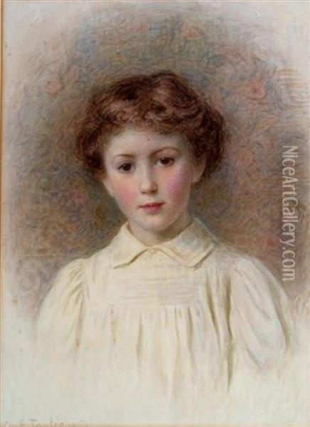 Portrait Of A Child Wearing Pleated White Collared Frock Oil Painting - Edward Tayler