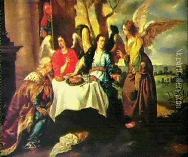 Abraham Bewirtet Die Drei Engel Im Hain Oil Painting - Marten Pepyn