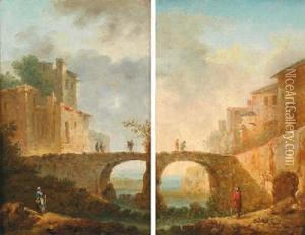 Due Paesaggi Fluviali Con Ponte Ad Arco Oil Painting - Johann Christian Brand