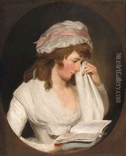 Portrait of a young lady, half-length, in a white dress and cap bonnet reading from Romeo and Juliet, feigned oval Oil Painting - Francis Wheatley