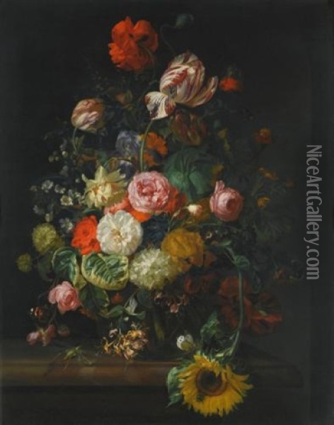 Still Life Of Roses, Tulips, A Sunflower And Other Flowers In A Glass Vase With A Bee, Butterfly And Other Insects Upon A Marble Ledge Oil Painting - Rachel Ruysch