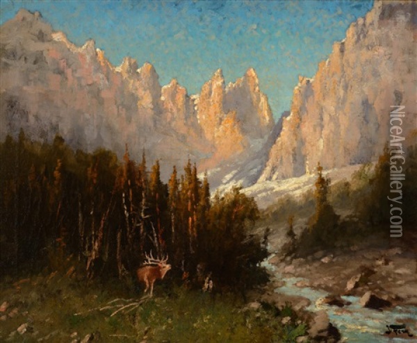 Elk By A Canyon Stream Oil Painting - John Fery