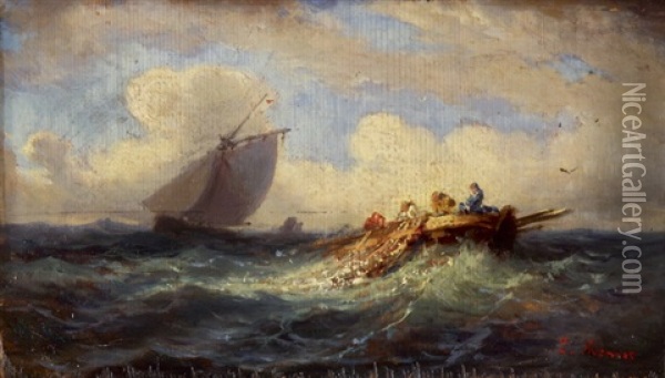 Fischer Beim Einziehen Der Netze Auf Sturmischer See Oil Painting - Louis Mennet