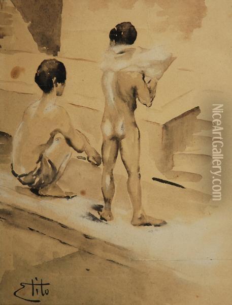 Fanciulli Ai Bordi Di Una Piscina Oil Painting - Ettore Tito