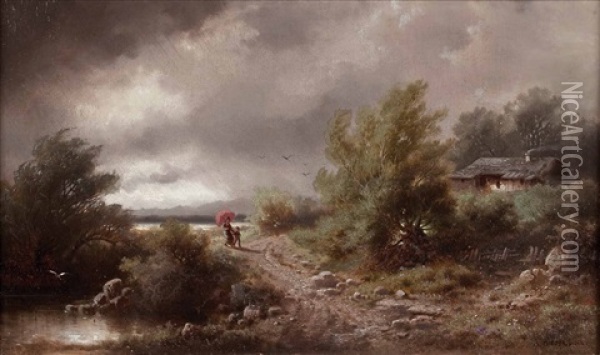 Mutter Und Kind Bei Aufziehendem Gewitter Oil Painting - Albert Rieger