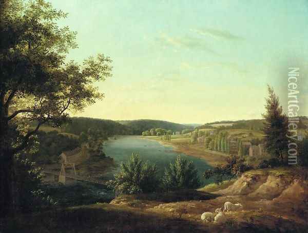 View of the Chain Bridge and Falls of Schuykill, Five Miles from Philadelphia Oil Painting - Thomas Birch