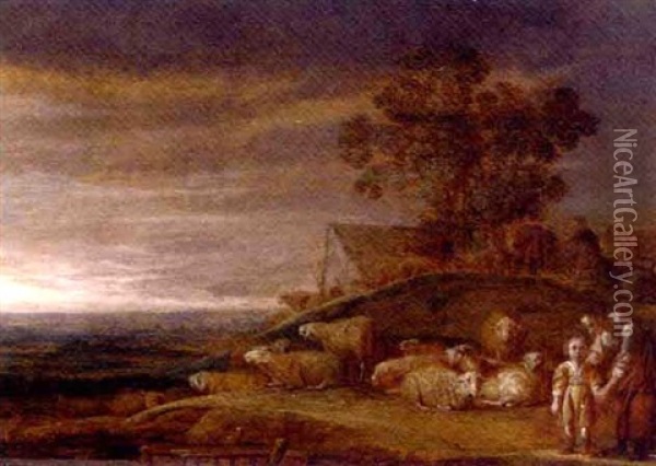 A River Landscape With A Shepherd, His Family And Flock Oil Painting - Franz (Francois) Ryckhals