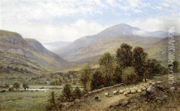 Shepherd And Flock On A Mountain Lane Oil Painting - Alfred Augustus Glendening Sr.