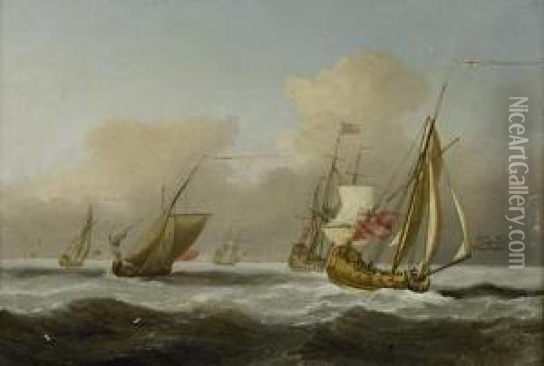 An Admiralty Yacht Bearing Away From Ships Of The Fleet In A Heavy Swell Oil Painting - Peter Monamy