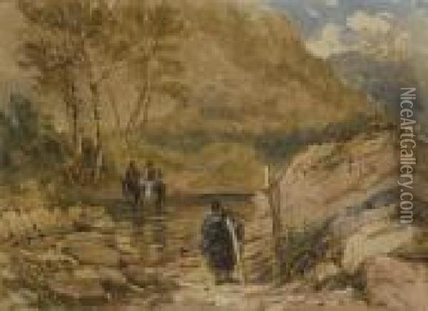 A Welsh Ford (recto); A Welsh Country Lane (verso) Oil Painting - David I Cox