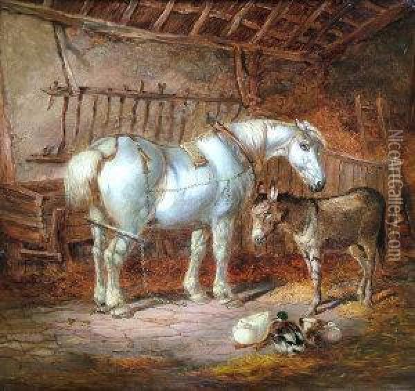 Horse And Donkey And Ducks In A Stable; Oil On Canvas Oil Painting - John Frederick Herring Snr