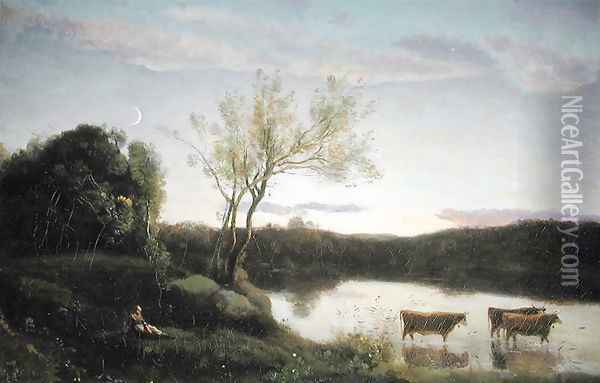 A Pond with three Cows and a Crescent Moon, c.1850 Oil Painting - Jean-Baptiste-Camille Corot