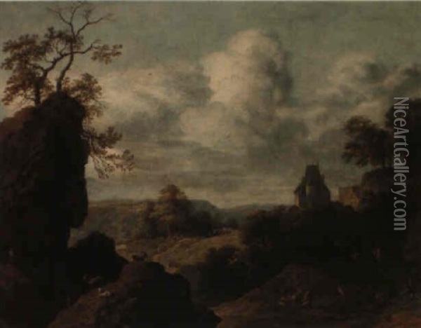 A Rocky Landscape With Goats And Travellers Near A Castle Oil Painting - Allaert van Everdingen