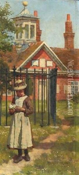 Abingdon School With Girl Holding A Posy Of Flowers Oil Painting - William Teulon Blandford Fletcher