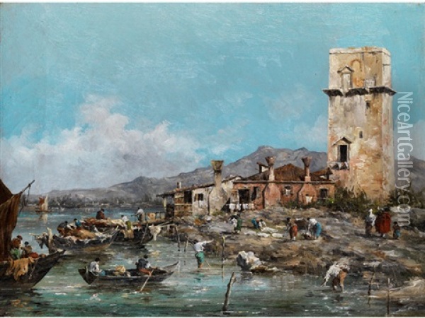 Italienische Kustenlandschaft Mit Fischerhausern Und Massivem Turm Oil Painting - Giuseppe Ponga