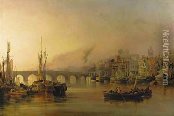 View of Newcastle from the River Tyne, with shipping in the foreground Oil Painting - Thomas Miles Richardson