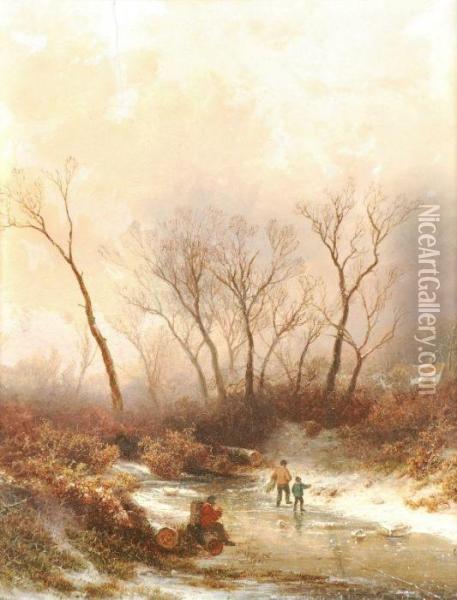 Figures In A Winter Landscape Oil Painting - Pieter Lodewijk Francisco Kluyver