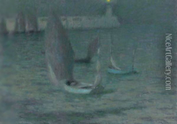 Les Barques Au Clair De Lune, Le Treport Oil Painting - Henri Eugene Augustin Le Sidaner