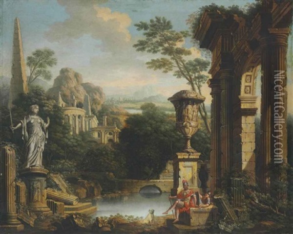 An Arcadian River Landscape With Soldiers Resting Among Classical Ruins Oil Painting - John Wootton