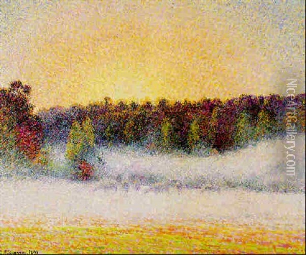 Soleil Couchant Et Brouillard A Eragny Oil Painting - Camille Pissarro