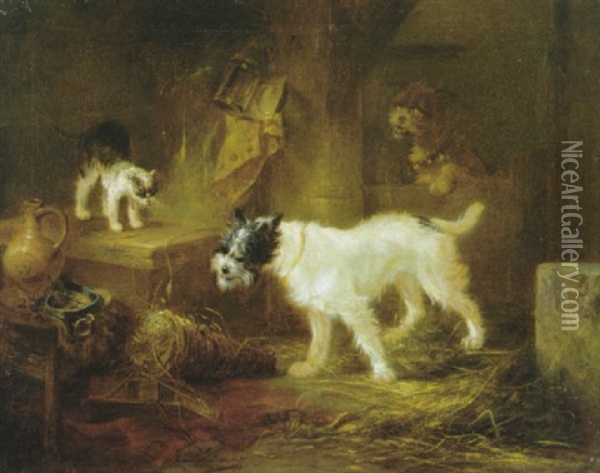 Stalinterieur Met Twee Honden En Een Kat Oil Painting - Zacharias Noterman