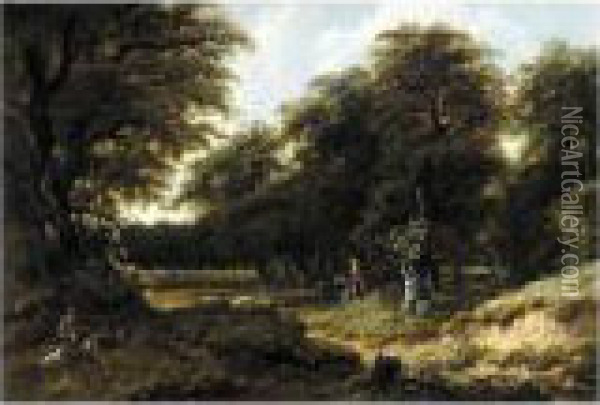 A Wooded Landscape With Huntsmen On A Path, Figures Resting In A Clearing In The Foreground Oil Painting - Gillis Rombouts