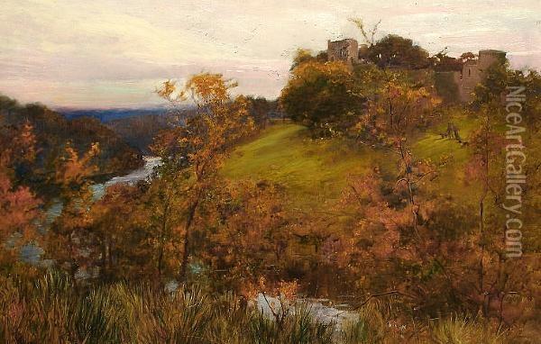 A View Across A River Valley To A Castle Ruin. Oil Painting - Sir Alfred East
